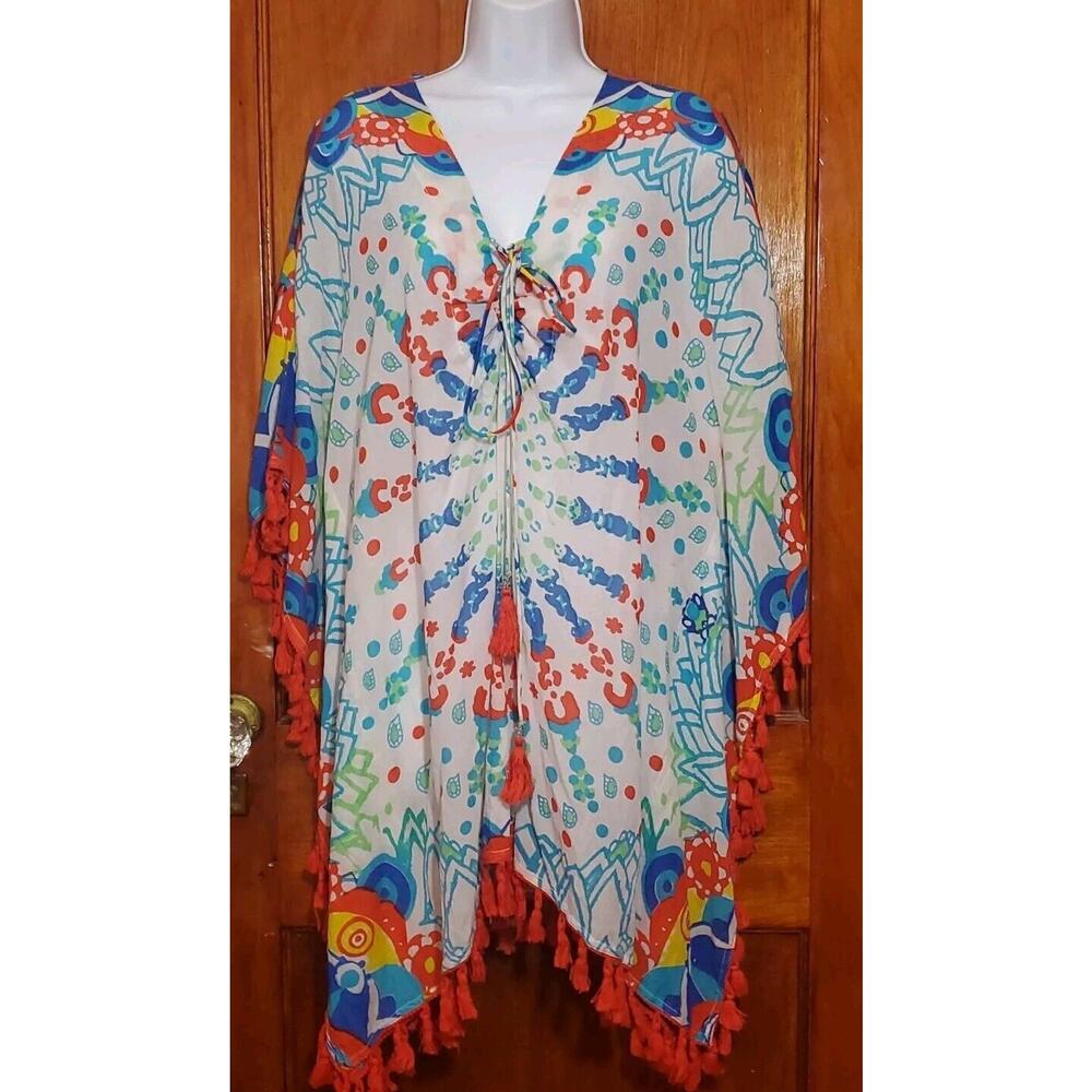 Ruby Yaya Sz S(OS)Colorful Carnival Festive Print V-Neck Tasseled Accents Kaftan